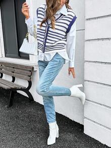 Women's Colorblock V-Neck Knit Cardigan Vest, Spring/Autumn - Blue - View 4