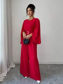 Elenzga Women's Round Neck Batwing Sleeve Jumpsuit With Belt, Elegant Loose Fit Romper For Daily, Work, Business, French Romantic Date, Holiday, Autumn/Winter, Red - Red - View 6