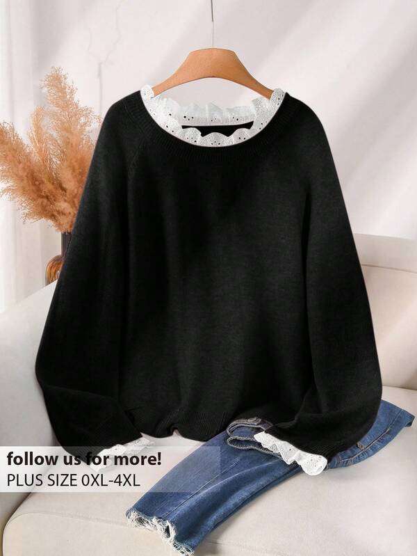 CosyJoli Plus Size Casual Lace Patchwork Round Neck Pink Mesh Pullover Sweater Black Sweater/Winter
