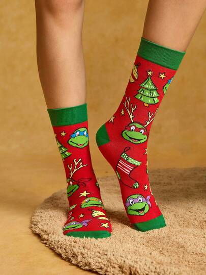 TEENAGE MUTANT NINJA TURTLES | SHEIN Soft & Breathable Moisture-Wicking Casual  Mid-Calf Socks Gingerbread Man Pattern Fashionable Festival Red Crew Socks Reinforced Toe & Heel For Durability Unisex For Men & Women Winter,Gift Ideas