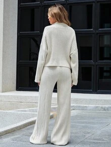 SHEIN Tall Tall Zip Up Drop Shoulder Cardigan & Knit Pants - Apricot - View 2