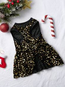 PETSIN 圣诞节黑色和金色闪光公主裙、宠物狗和猫派对服装 - 黑色 - 查看 3
