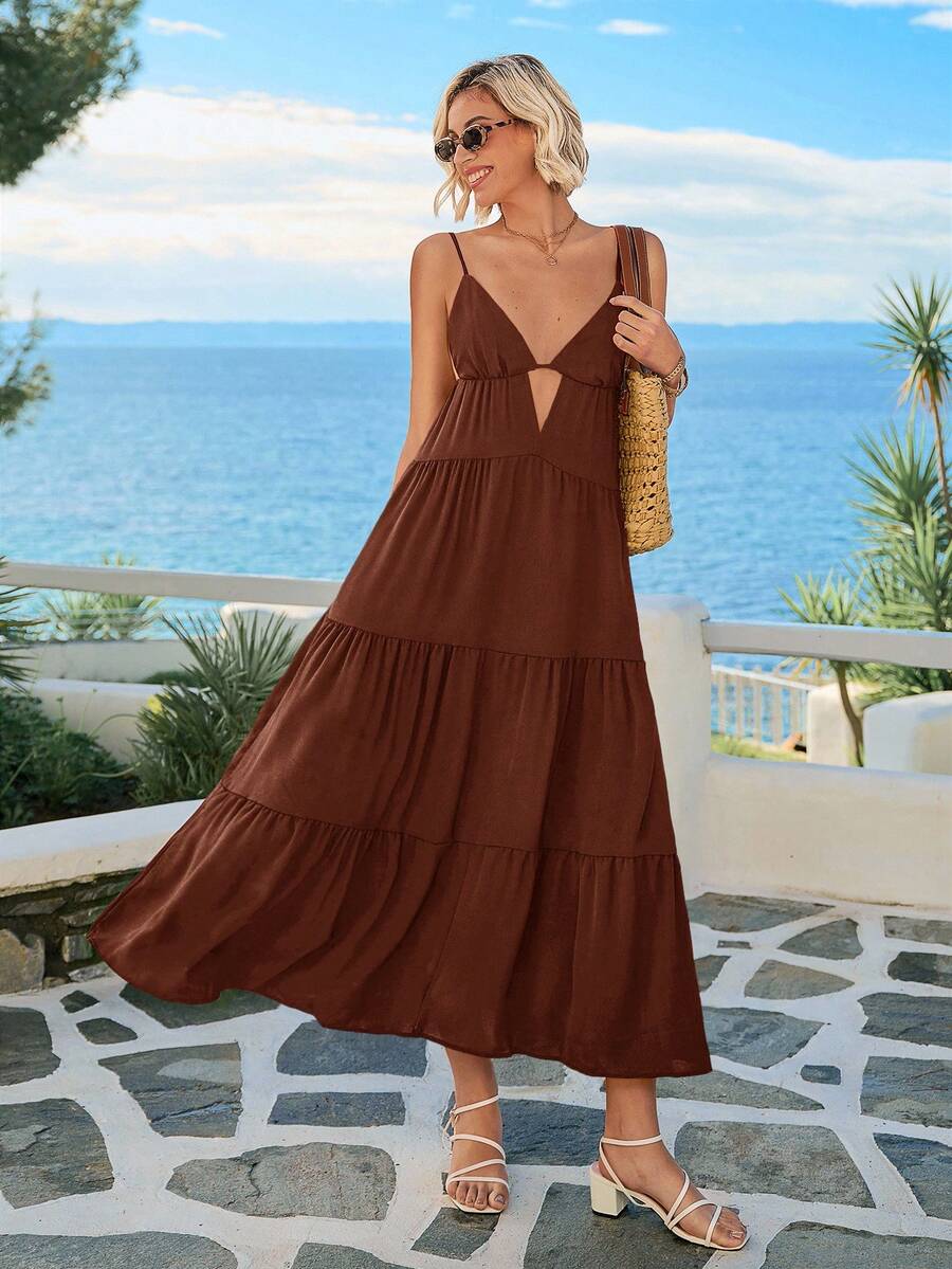 女式夏季海滩镂空前褶边吊带长款黑色连衣裙 - 棕色 - 查看 1