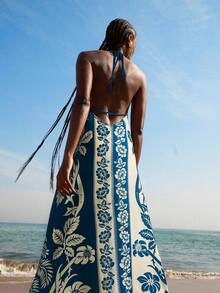 CAJUNI Đầm Maxi Đi Biển Mùa Hè Họa Tiết Hoa Và Cây Dừa Phong Cách Nhiệt Đới Boho Cho Nữ - Màu xanh lam - Xem 2