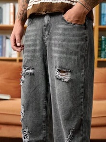 STEELVANCE Quần ống rộng denim đen giặt sờn rách cho nam có vết gỉ sét, phong cách đường phố thường ngày - màu đen - Xem 6