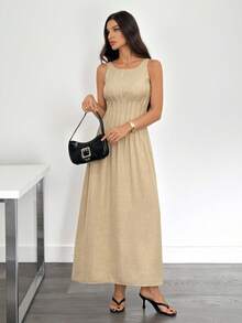 SHEIN Tall New Summer Waist Long Dress For Women, Minimalist And Versatile, Waist Pleated Slim Sleeveless A-Line Long Dress For Women, Imitation Linen Flowing Long Dress For Women,Business Casual Woman Business Women Attire