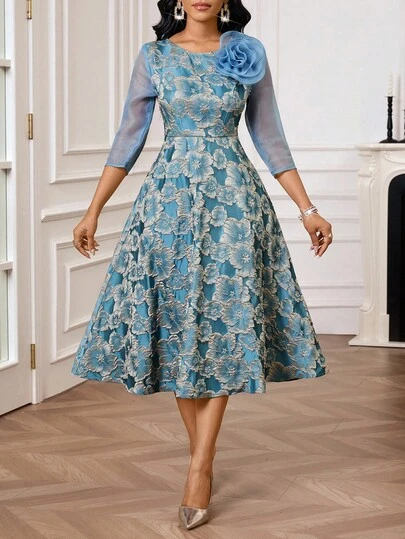 SHEIN Lady Spring And Summer Elegant Party Wedding Cocktail Party Concert/Music Festival Blue Woven Jacquard Round Neck Flared 3D Rose Fit And Flare Dress Midi Three Quarter Length Sleeve Dresses Elegant Women Dresses Classy Outfits Elegant Dress Wedding