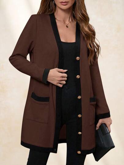 SHEIN Clasi Plus Size Women Elegant & Comfortable Metal Button Closure Long Warm Cardigan, Black & White, For Autumn, Ladies Windbreaker,Business Casual Woman/Winter