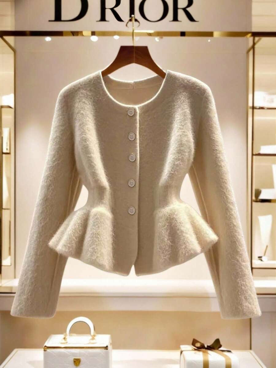 Franclia New Autumn Round Neck Waist Fitted Knit Cardigan Women, Lightweight Sophisticated Style, Slim Fit Sweater Top