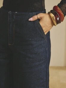 Aralina Winter Fall Dark Wash Mid Rise And Wide Leg Jeans Spring Country Style - Dark Wash - View 3
