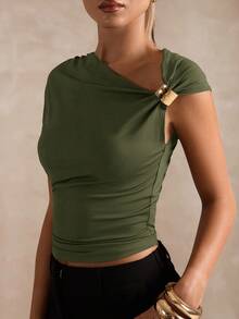 SHEIN BAE 女士时尚优雅纯色斜肩短款T恤 - 軍綠色 - 查看 6