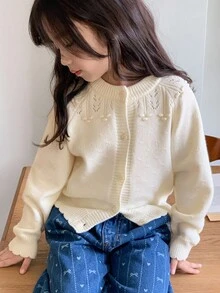 Dazy Kids Young Girl Solid Color Front Button Hollow Casual Long Sleeve Cardigan - Beige - View 1