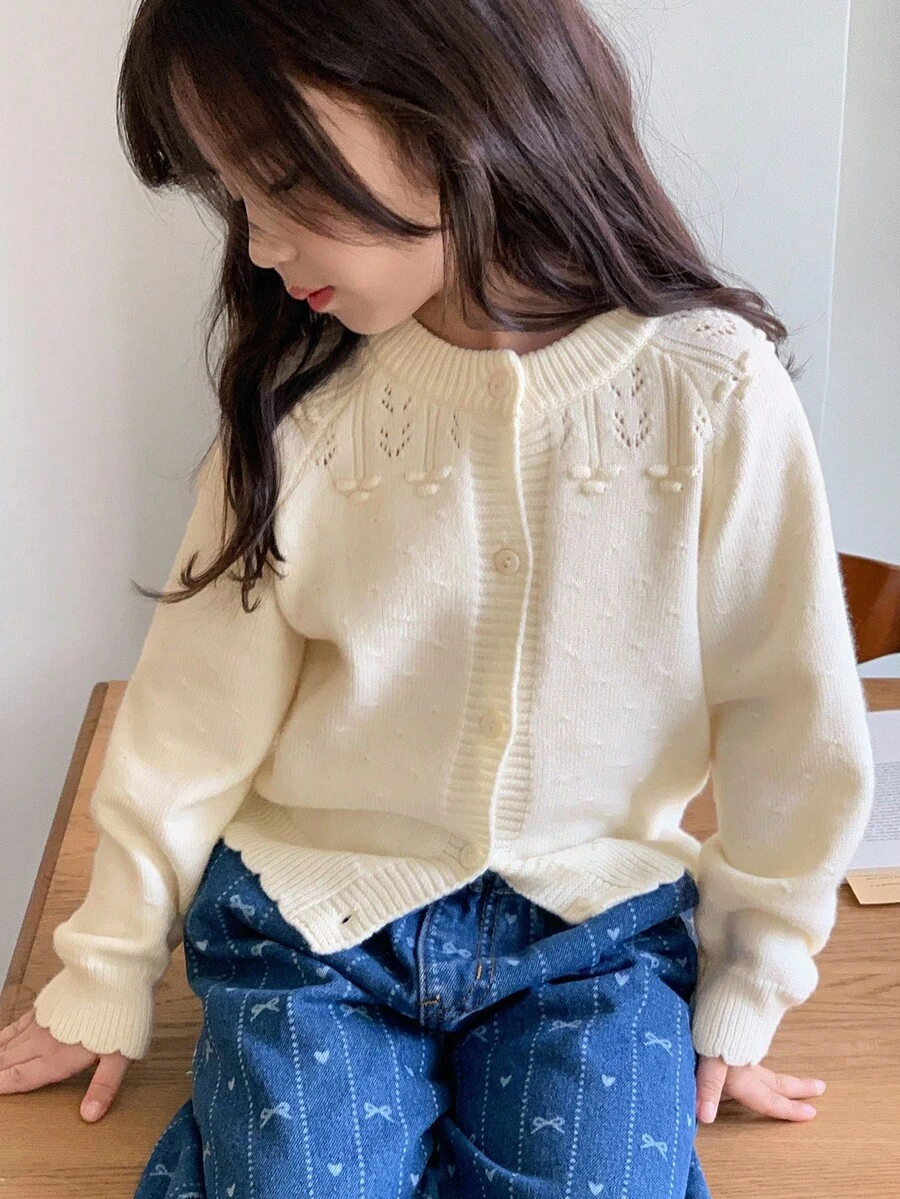 Dazy Kids Young Girl Solid Color Front Button Hollow Casual Long Sleeve Cardigan - Beige - View 1