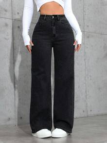 SHEIN PETITE Women Casual Slant Pocket Straight Leg Jeans