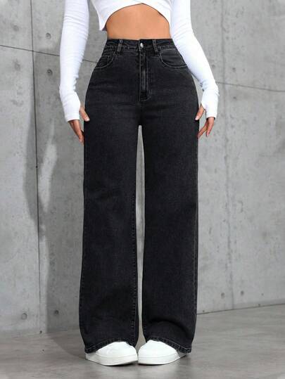 SHEIN PETITE Women Casual Slant Pocket Straight Leg Jeans