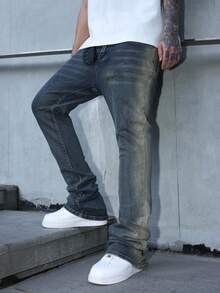 Manfinity Roughcore Men's Horseshoe Embroidered Flared Jeans, Casual Street Style Pants For All Seasons Stretch Vintage Washed Grey For Distressed Jeans - Medium Wash - View 3