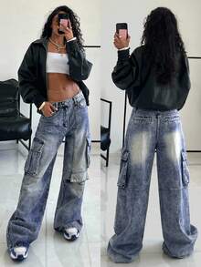 StreetHx Women's Casual Washed Wide Leg Cargo Jeans - Blue - View 3