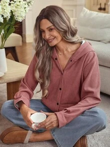 Louniche Jaket Corduroy Polos Wanita dengan Bulu Imitasi, Musim Gugur/Dingin - Dusty Pink - View 6