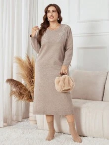 Modelyn Plus Size Elegant Beaded Embellished Knit Dress, Autumn/Winter Cosy Joli Plus Size - Grey - View 6