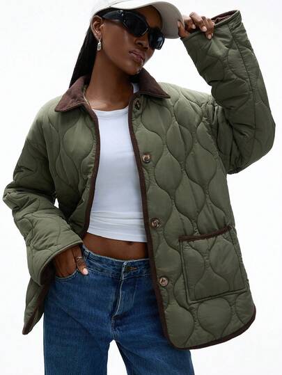 Aveloria Affinna Jaqueta leve para viagem feminina, patchwork verde, contraste de cores, estampa de losangos, inverno