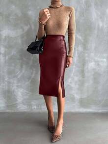 EURMUSE Váy bó sát mini xẻ tà màu trơn mùa thu cho nữ - Màu Đỏ Sâu - Xem 4