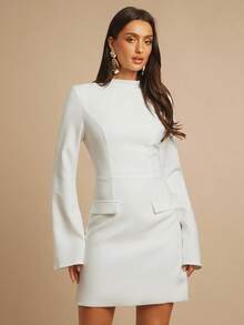 SHEIN X GALILEA Silquee 女式纯色立领长袖仿口袋设计优雅连衣裙 - 白色 - 查看 6