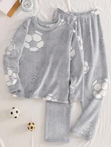 Teenage (Boys) Pajama Set, Long Sleeve Sweatshirt And Pants, Fleece Fabric, Pullover Style, Casual, Football Pattern Teen Pajamas Set