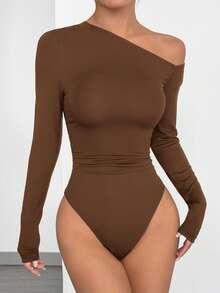 SHEIN EZwear 女士棕色紧身斜肩长袖连体衣 - 棕色 - 查看 5