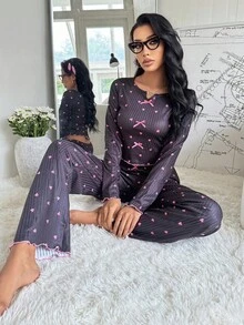 SHEIN 女士罗纹荷叶边心形印花长袖睡衣套装，修身蝴蝶结睡衣，浪漫家居服，秋季服装 - 黑色 - 查看 6