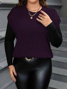 Calvaya Plus Size Casual Solid Color Side Slit Knit Vest, Autumn/Winter - Purple - View 6