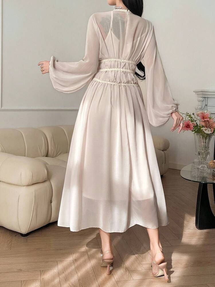 Elegant French Style Cinched Waist Long Dress, High-End Vibe, Suitable For Socialites