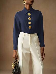 Vesra 女士优雅纯色花卉纽扣衬衫 - 藏蓝色 - 查看 5