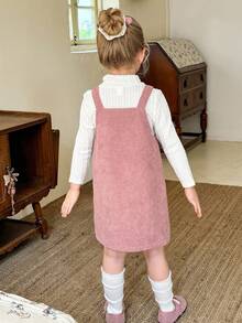 LMoss Kids 2pcs/Set Young Girl Solid Color Knit Stand Collar T-Shirt And Woven Suspender Dress - Multicolor - View 2