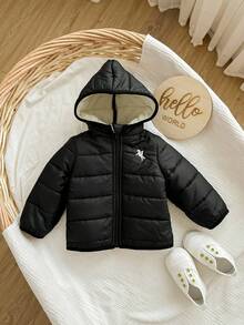 1件装新生儿时尚休闲连帽黑色羽绒服，带抓绒内衬，保暖舒适，适合冬季穿着，绗缝外套，适合返校、生日、婴儿洗礼、婴儿派对等场合，也适合玩耍，秋冬季复古羽绒服，秋季保暖外套