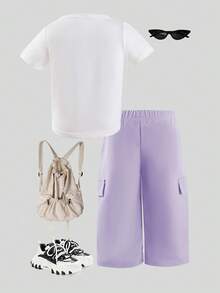 SHEIN Playful Pals Áo thun tay ngắn màu trắng phong cách đường phố thời trang dành cho bé gái có họa tiết in, kết hợp với quần ống rộng màu hồng, mùa hè - Màu tím - Xem 2