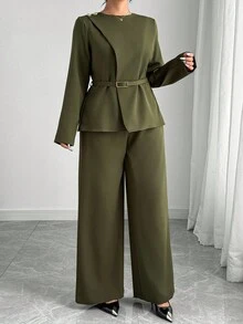 Elenzga Plus Size Women's Elegant French Romantic Office Commute Casual Vintage Middle Eastern Style Crew Neck Crossover Waist Metal Buckle Decor Long Sleeve Shirt + Loose Wide Leg Pants/Trousers Two Pieces Set, Suitable For Office, Street, Afternoon Tea, Party, Thanksgiving Blouse And Pants Set Modest Two Piece Set 2 Piece Casual Sets Woman Two Piece Set Women Elegant Olive Green Outfit Women - Army Green - View 7