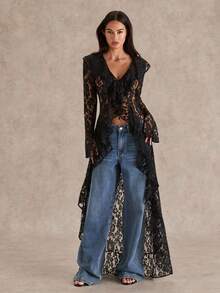 Glamine 春夏浪漫度假荷叶边优雅蕾丝透视女长款薄外套西装女蕾丝外套蕾丝女万圣节蕾丝上衣秋冬女装外套 - 黑色 - 查看 5