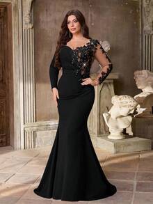 Aureia Vestido maxi de sirena con mangas largas, elegante y lujoso, con bordados de encaje, diamantes y aplicaciones de perlas, elástico y fruncido, adecuado para bodas, fiestas, graduaciones y galas (muy adornado)
