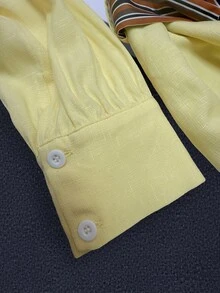 GlowEve New Elegant Polo Collar Embroidery Design Belted Dress - Yellow - View 4