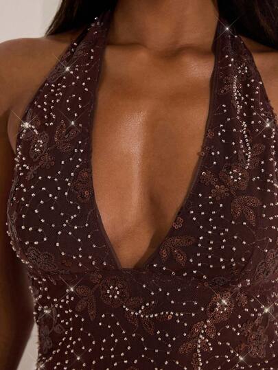 Opulessa Vacation Floral Sequin Deep V Neck Backless Sexy Halter Top, New Year Look, Elegant Party, Graduation, Prom, Luxury Evening For Women, Halloween Costume, Concert, Party, Club, Chic Autumn, Going Out, Elegant Sexy Party Date Night Women