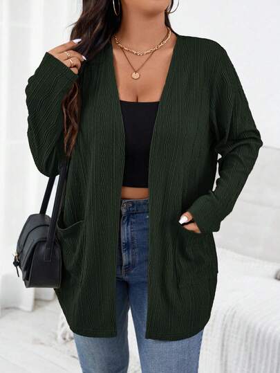 SHEIN Essnce Plus Size Women's Autumn New Fashion Fall Women Clothes Frenchies Women Cardigans Fall Outfits Fall Jackets Long Sleeves Woman Work Clothes Business Women Clothes Casual Commuting Elegant Jacquard Fabric 2 Pockets Long-Sleeved Cardigan Thin Jacket