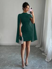 Elenzga 女士优雅开叉袖紧身连衣裙，秋季 - 墨綠色 - 查看 3