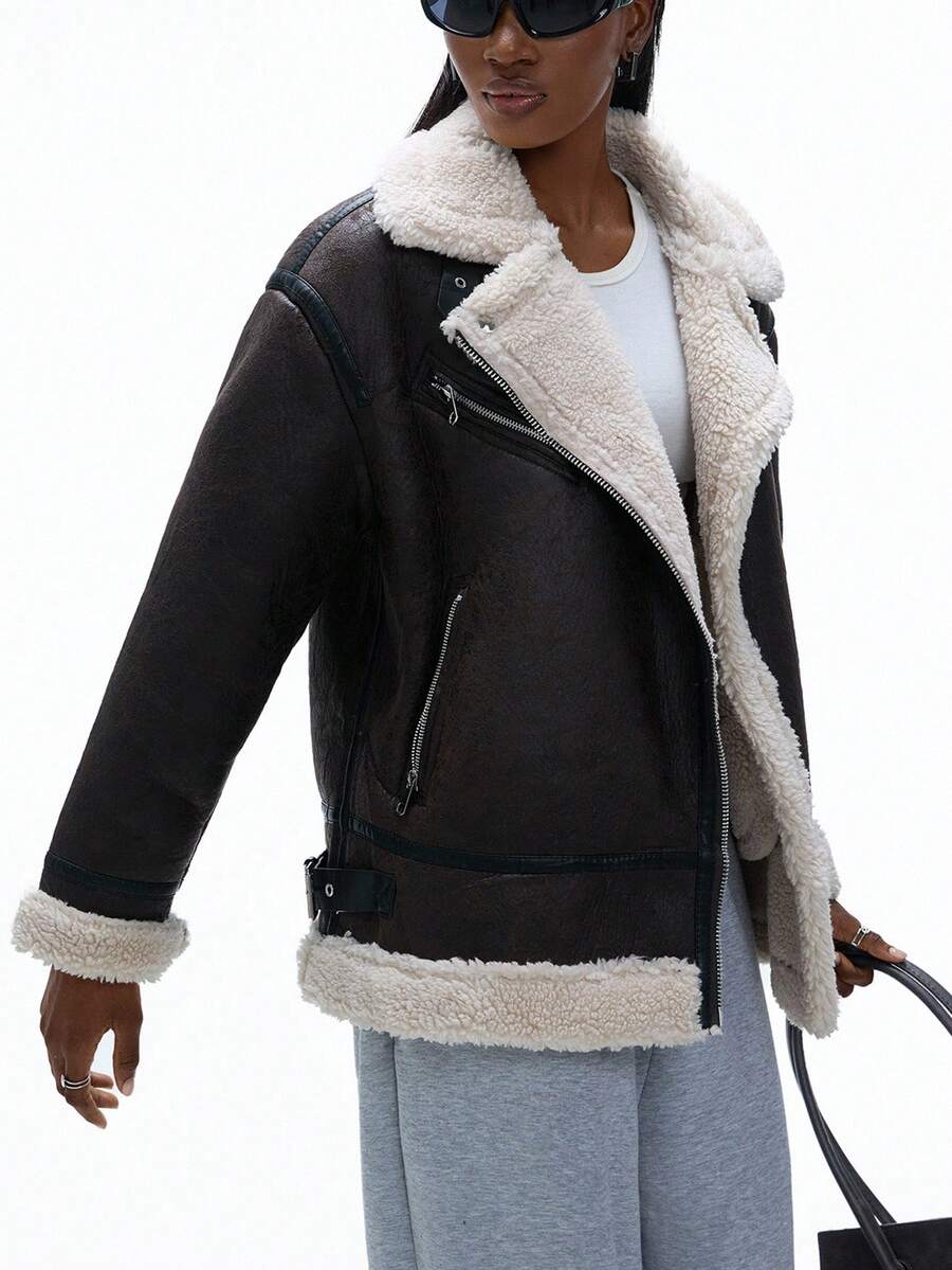 GENKIRA Nouvelle veste de moto en fausse fourrure Maillard pour femmes, manteau en peau de mouton, vêtements d'hiver - Noir - Voir 1