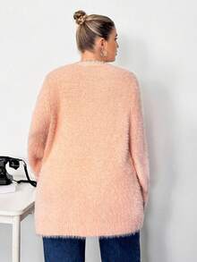 Truni Plus Size Women Pink Knitted Cardigan, Long Sleeve Long Style Knit Sweater Jacket In Fall/Winter, For Pear & Triangle Body Shape - Pink - View 2