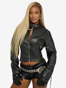 SUMWON WOMEN Studded Leather Motorcycle Jacket With Spike Bracelet Detail Retro Rock Punk Fashion Statement Fall Winter Biker Outerwear - Black - View 4