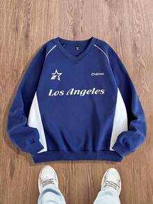 Manfinity VCAY 男式标准尺寸休闲套头衫，蓝色，正面图案印花，V 领撞色拼接，秋季、冬季 - 藍色 - 查看 6