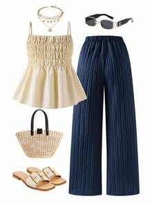 Sparklyn 2 件套青少年女孩休闲装，包括吊带背心和阔腿裤，梭织面料，松紧腰，夏季 - 寶藍色 - 查看 2