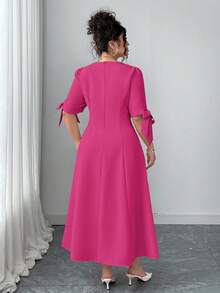 Elenzga Plus Size Solid Color V-Neck Bow Elegant Dress - Hot Pink - View 2
