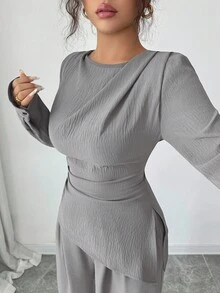 SHEIN Raffinéa 2 件套女士圆领纯色褶皱不对称下摆长袖上衣端庄两件套 2 件套休闲套装女士灰色 2 件套 2 件套女士优雅舒适两件套 - 灰色 - 查看 6