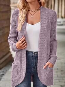 EMERY ROSE Women's Casual Ribbed Brushed Open Front Side Pocket Shorts Jacket, Lightweight - Dusty Purple - View 4